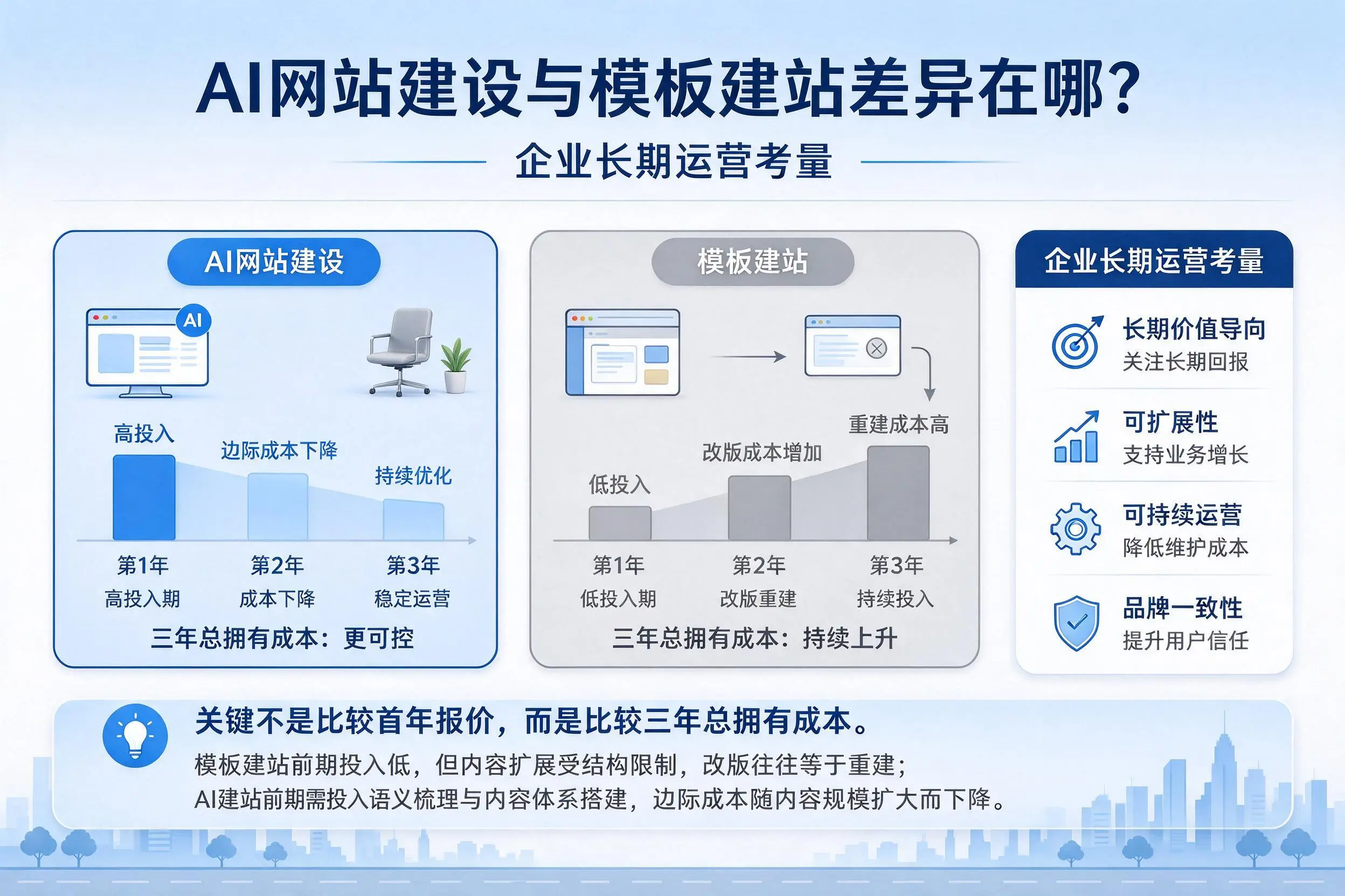 AI网站建设与模板建站差异在哪?黄南企业长期运营考量