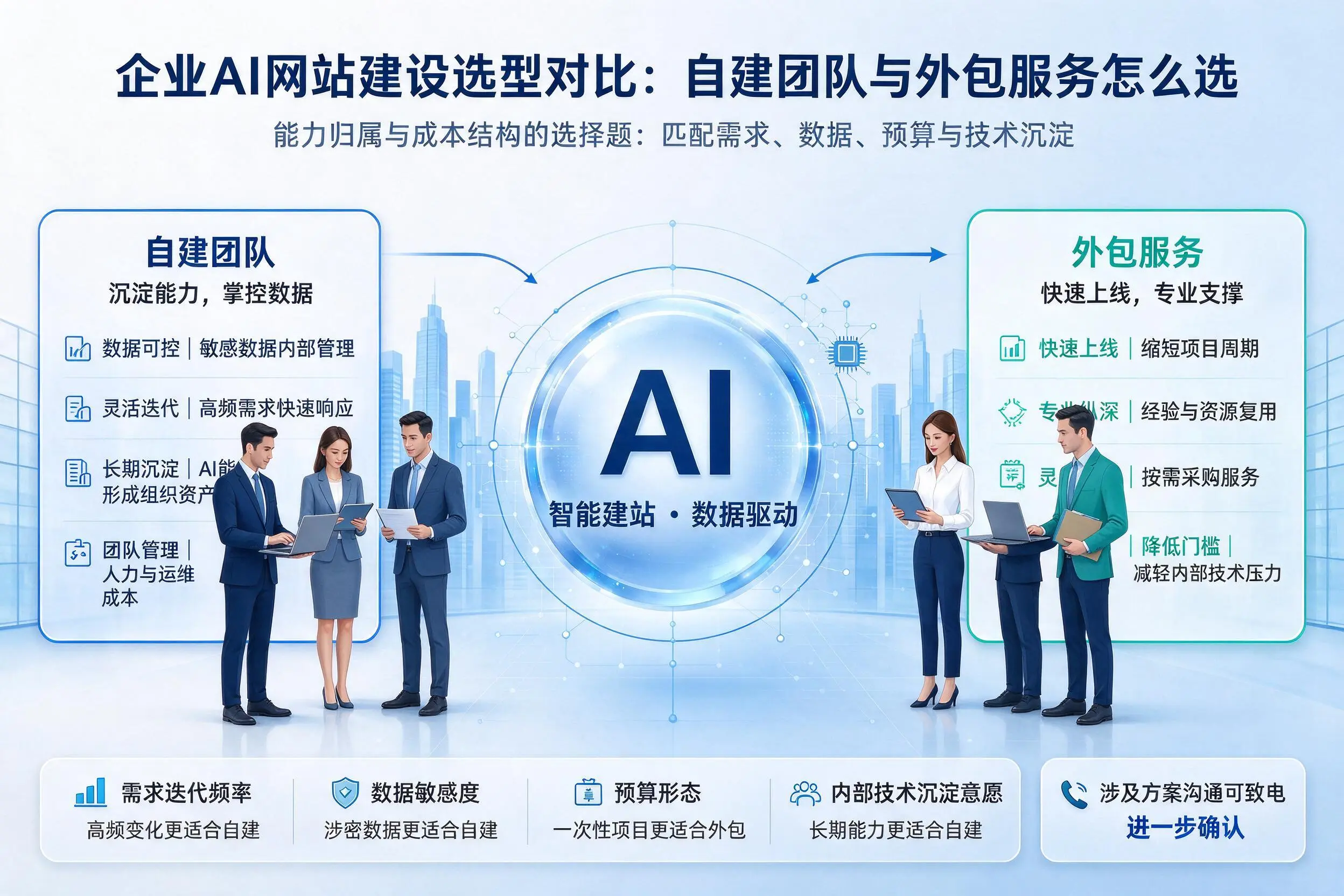 黄南企业AI网站建设选型对比:自建团队与外包服务怎么选